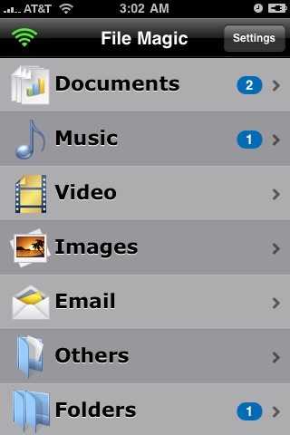 The File Magic iPhone interface groups all files by type.