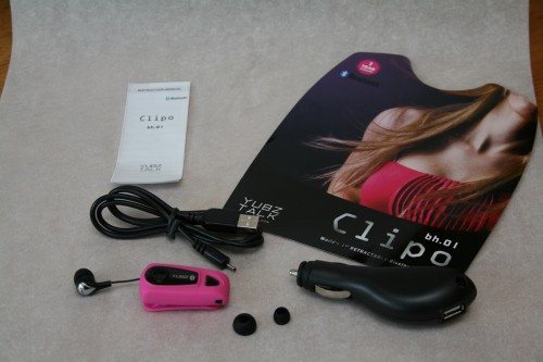Clockwise from the left: Instructions, car charger, extra ear bud cushions, Clipo Retractable Bluetooth device, USB charger