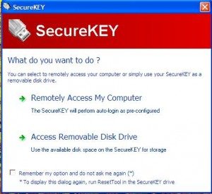 This is the first dialog box that will pop up once you insert Secure Key into the USB port of the computer you are using to remote access your activated desktop.