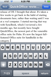 The editing function of QuickOffice is a familiar sight to most iPhone users who have used a note-taking program.
