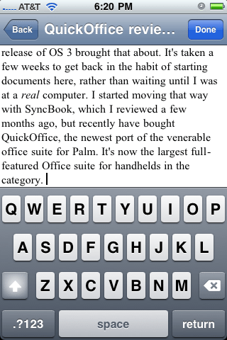 The editing function of QuickOffice is a familiar sight to most iPhone users who have used a note-taking program.