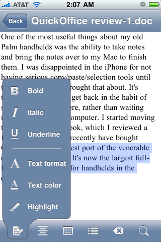 QuickOffice lets you change font style and color.