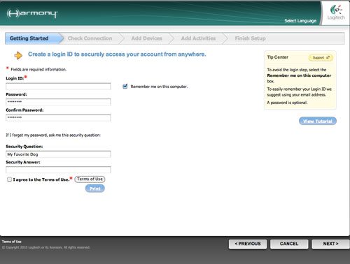 harmony 900 accountsetup