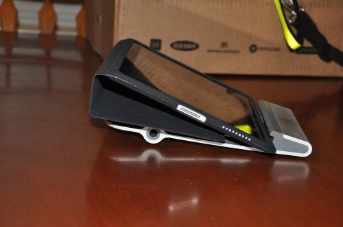 Even with the iPad case locked in low-profile mode, the A-Frame holds it steadily.