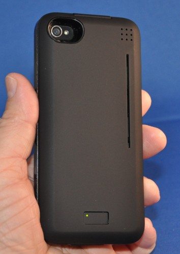 Back of case, showing camera port, power meter/switch, and card slot.