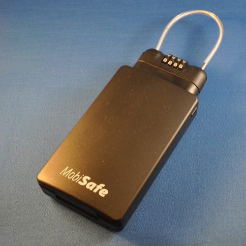 MobiSafe is a compact, high-impact plastic lockbox with a steel cable for security.