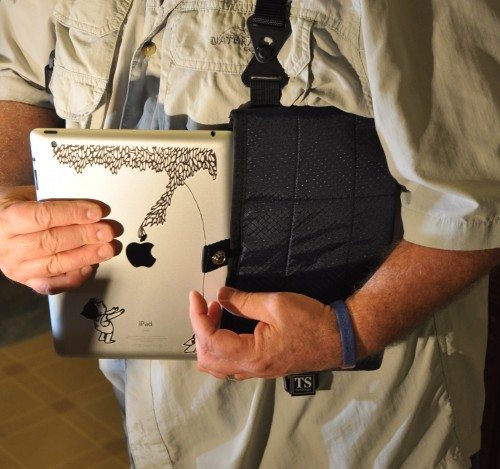 The TechSlinger tablet pocket holds a full-sized iPad easily.