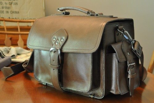 The Leder Mann camera bag is a traditional size and shape, in a buttery-soft brown leather.