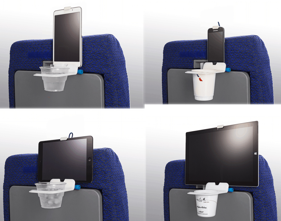 Airhook Cup Holder and Device Mount Hooks Onto Your Airplane Tray