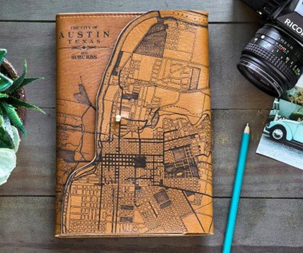 etched leather map journal
