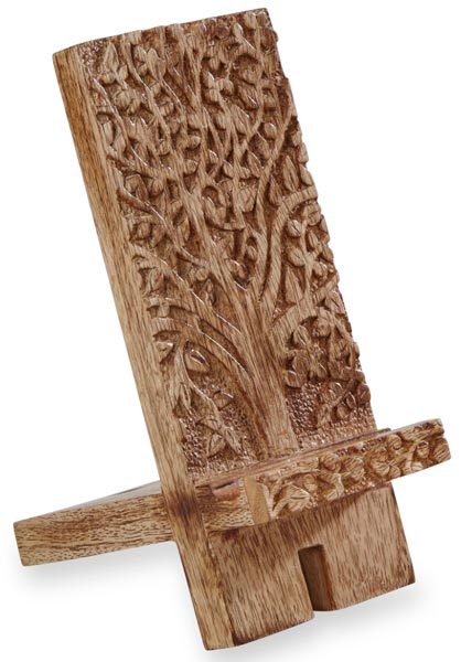 carved mango wood smartphone stand