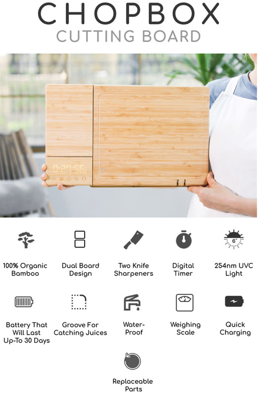 ChopBox Smart Cutting Board Bamboo Chopping Blocks With 10 Features, IPX7  Waterproof, Digital Timer, Weighing Scale, Dual-board