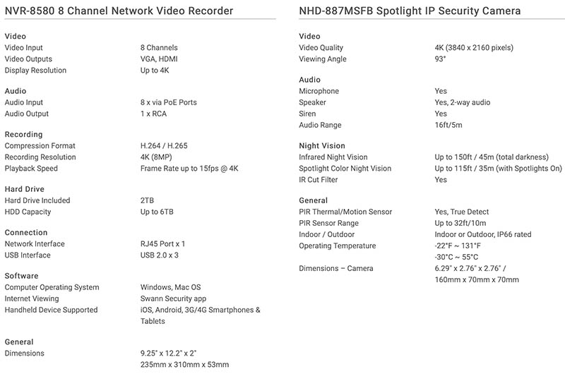 Swann NVR8580 specs