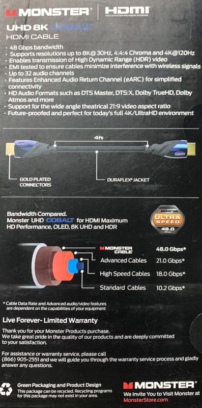 Monster 8K HDMI Cable Ultra High-Speed Cobalt 2.1 Cable - 48Gbps with eARC,  8K at 60Hz for Superior Video and Sound Quality – HDMI Cables for PS5