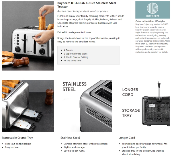 Buydeem 4-Slice Toaster Stainless Steel