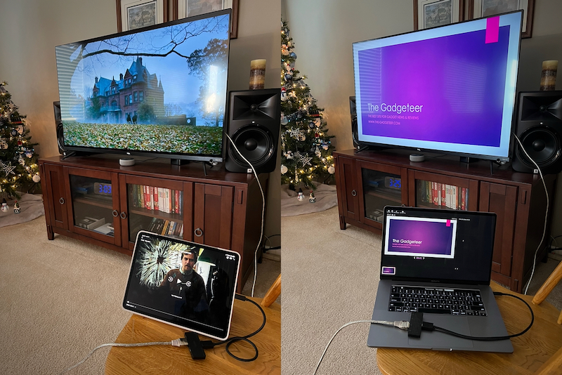 Twelve South StayGo mini with iPad and MacBook Pro connected to 4K TV
