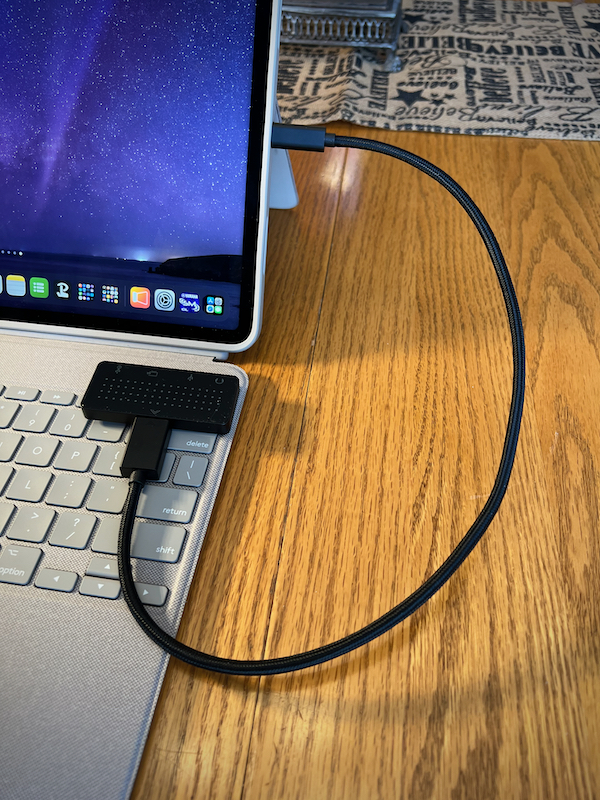 Twelve South StayGo mini connected with extension cable to iPad with case