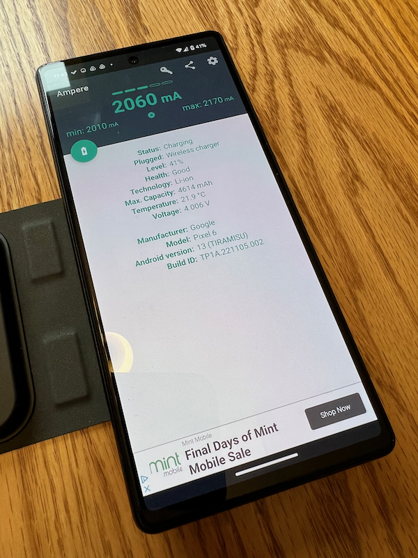 Charging details for the Google Pixel 6 in the Ampere app