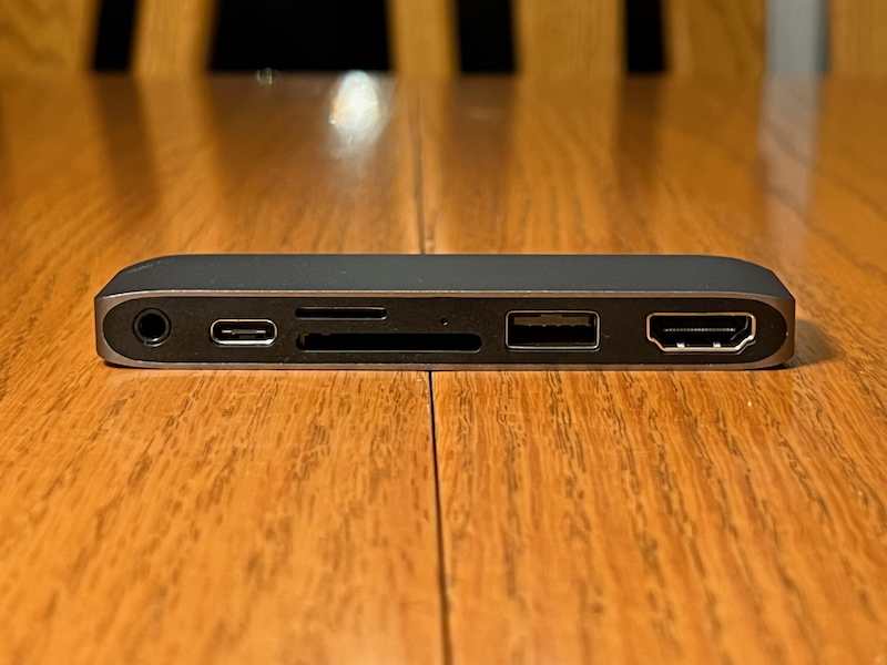 Satechi USB-C Mobile Pro Hub SD includes a 3.5 mm headphone jack, a USB PD charging port, microSD and SD card readers, a USB-A port, and an HDMI port