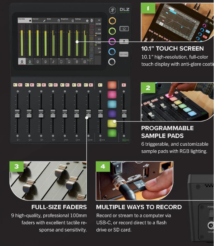  Mackie DLZ Creator Adaptive Digital Mixer for Podcasting,  Streaming and  with User Modes, Mix Agent Technology, Auto Mix,  Onyx80 Mic Preamps : Musical Instruments