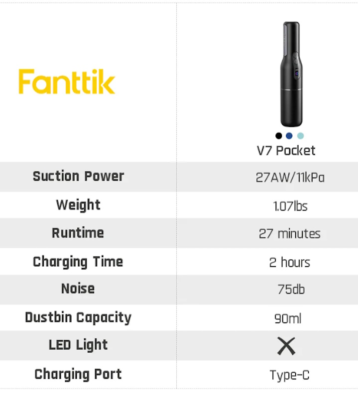 Fanttik V7 Pocket Cordless Vacuum Cleaner for Home and Car Cleaning