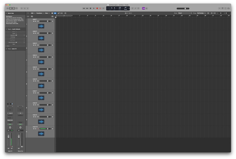 Logic Pro project with 10 tracks; nice amount of vertical space to work with