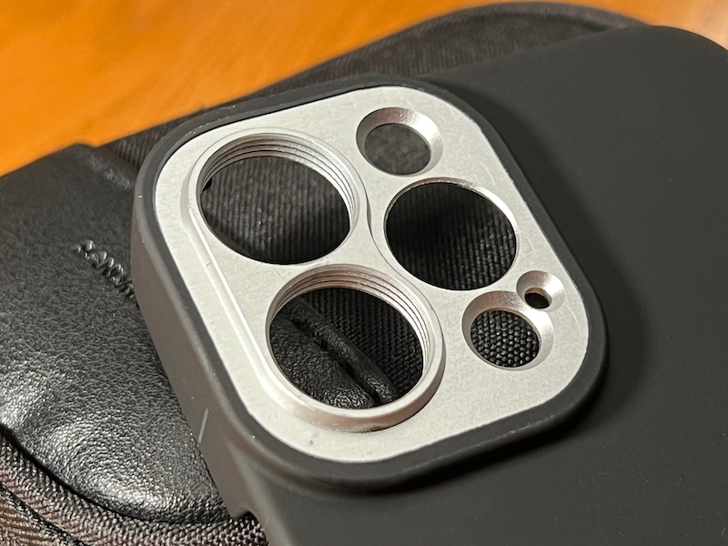Closeup of the camera section of the case with threaded attachment points for the 1x and 3x lenses
