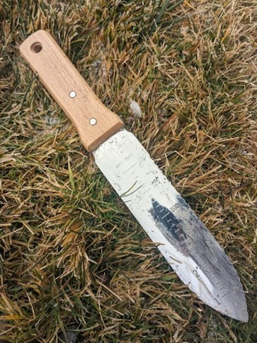Hori Hori Garden Knife with measurement markings showing 