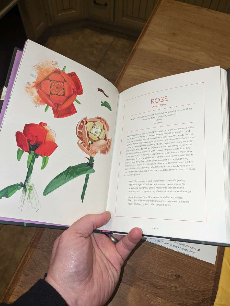 LEGO Botanical book page opened to the Rose page with illustration and info