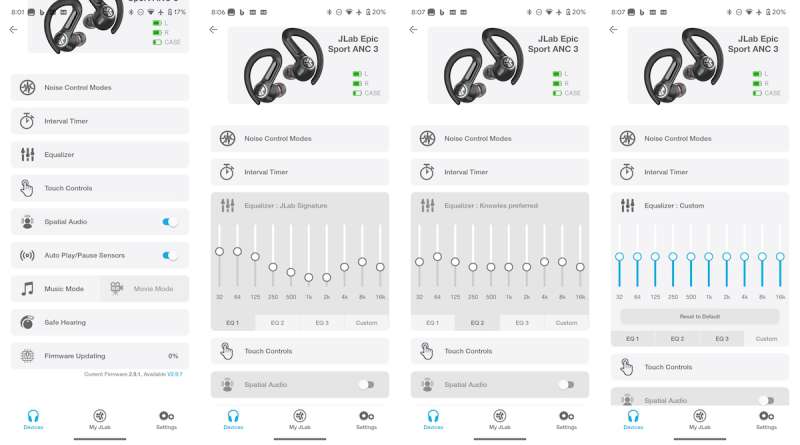 EQ options in the JLab Audio app