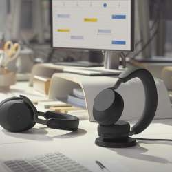 Jabra Evolve3 85 MS Lying and Evovle3 75 UC Charging Office Desk Medium