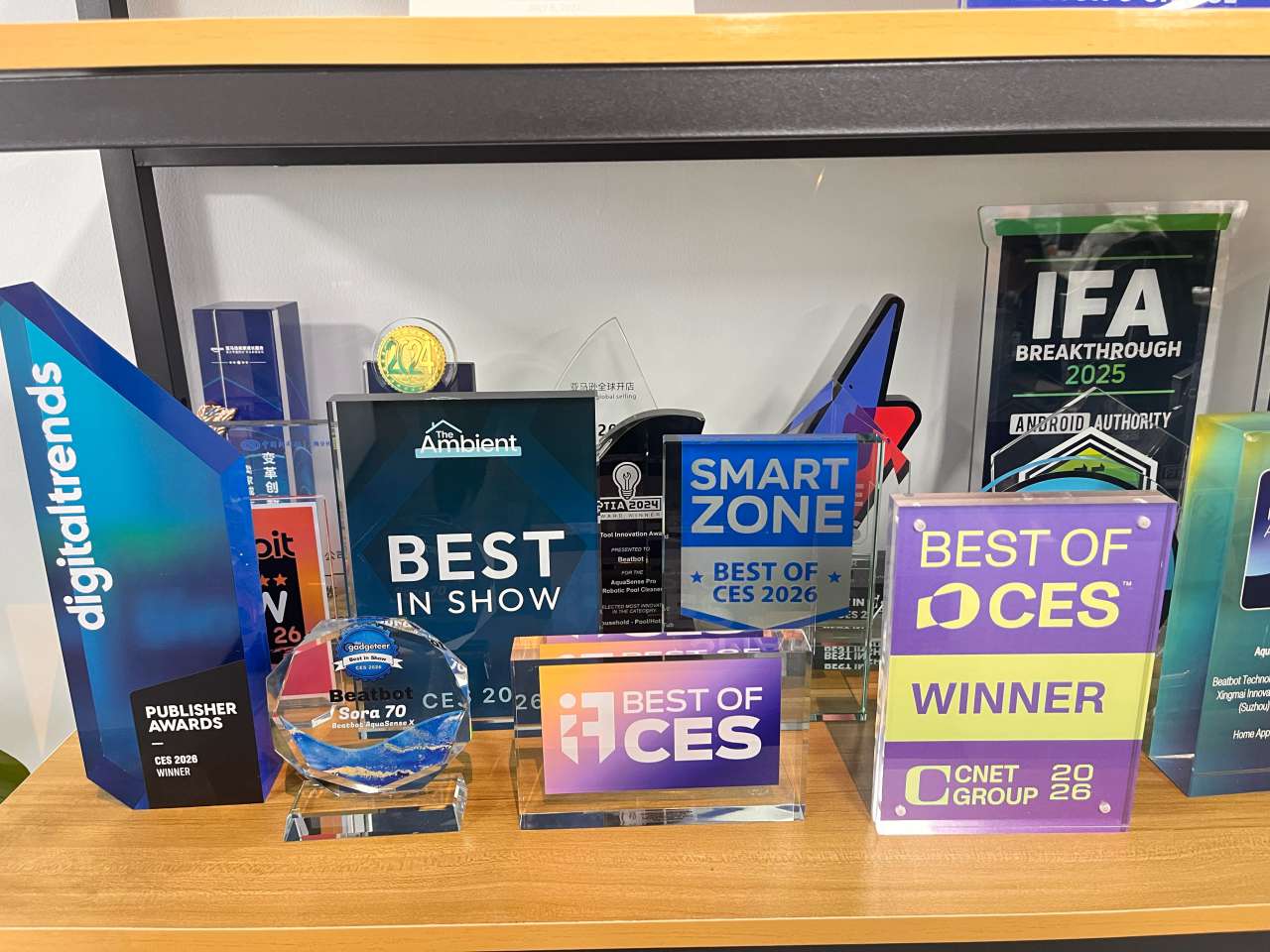 eatbot AquaSense X on display at CES 2026 with Innovation Awards Honoree and Best Yard Outdoor Tech award signage