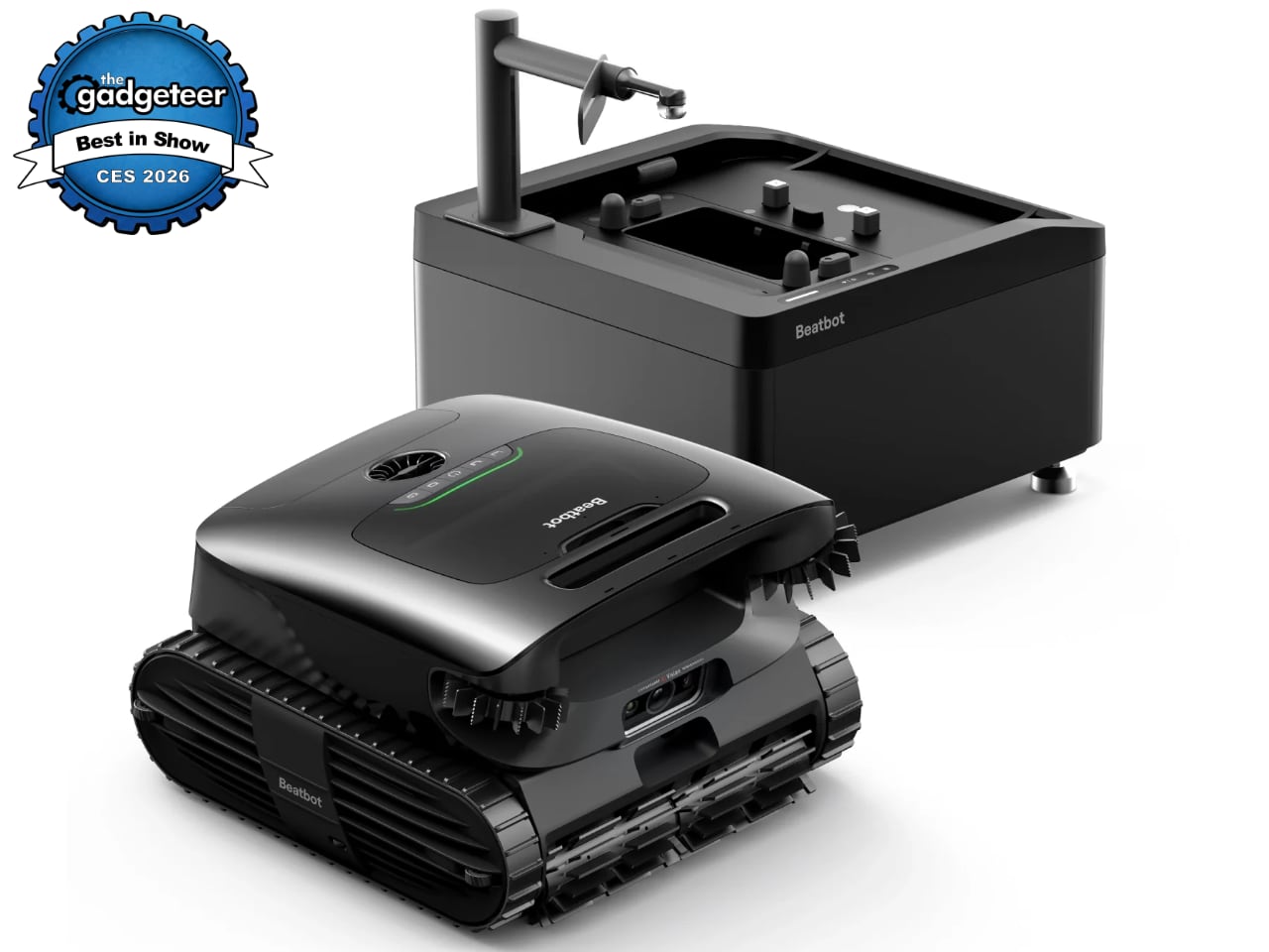 Beatbot AquaSense X robotic pool cleaner docked at the AstroRinse self-cleaning station beside a residential swimming pool