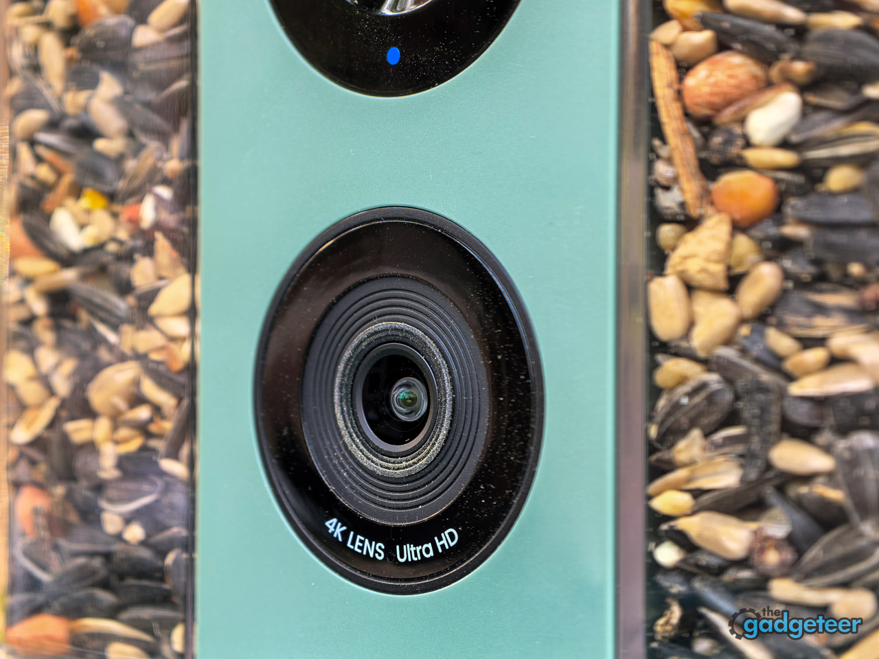 Kiwibit Bird Feeder 2 built-in 4K camera lens and sensor close-up