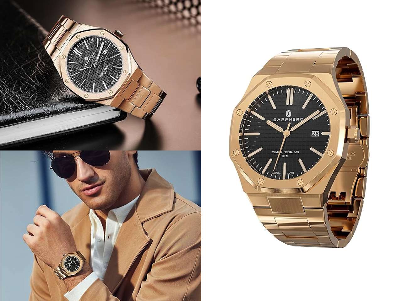 SAPPHERO Watches Men Octagonal Stainless Steel Waterproof Analog Japanese Quartz Wrist Watch