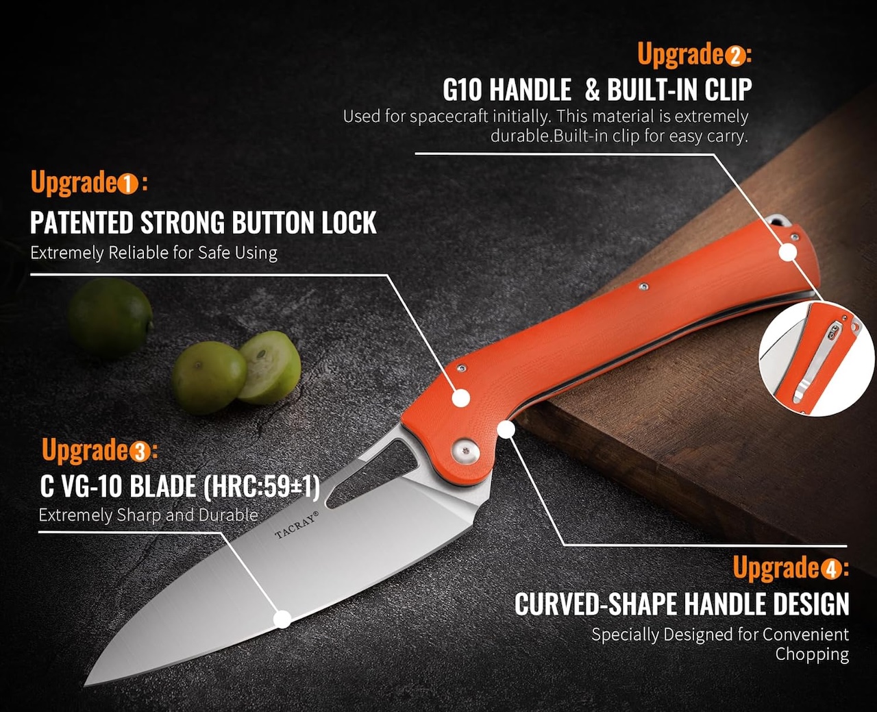 1 Tacray Folding Kitchen Chef Knife 10cr15mov G10