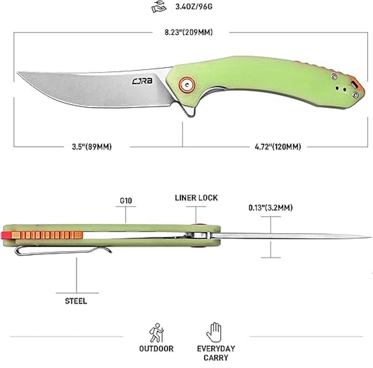 CJRB Gobi G10 Glow in the Dark Handle Folding Pocket Knife Specs