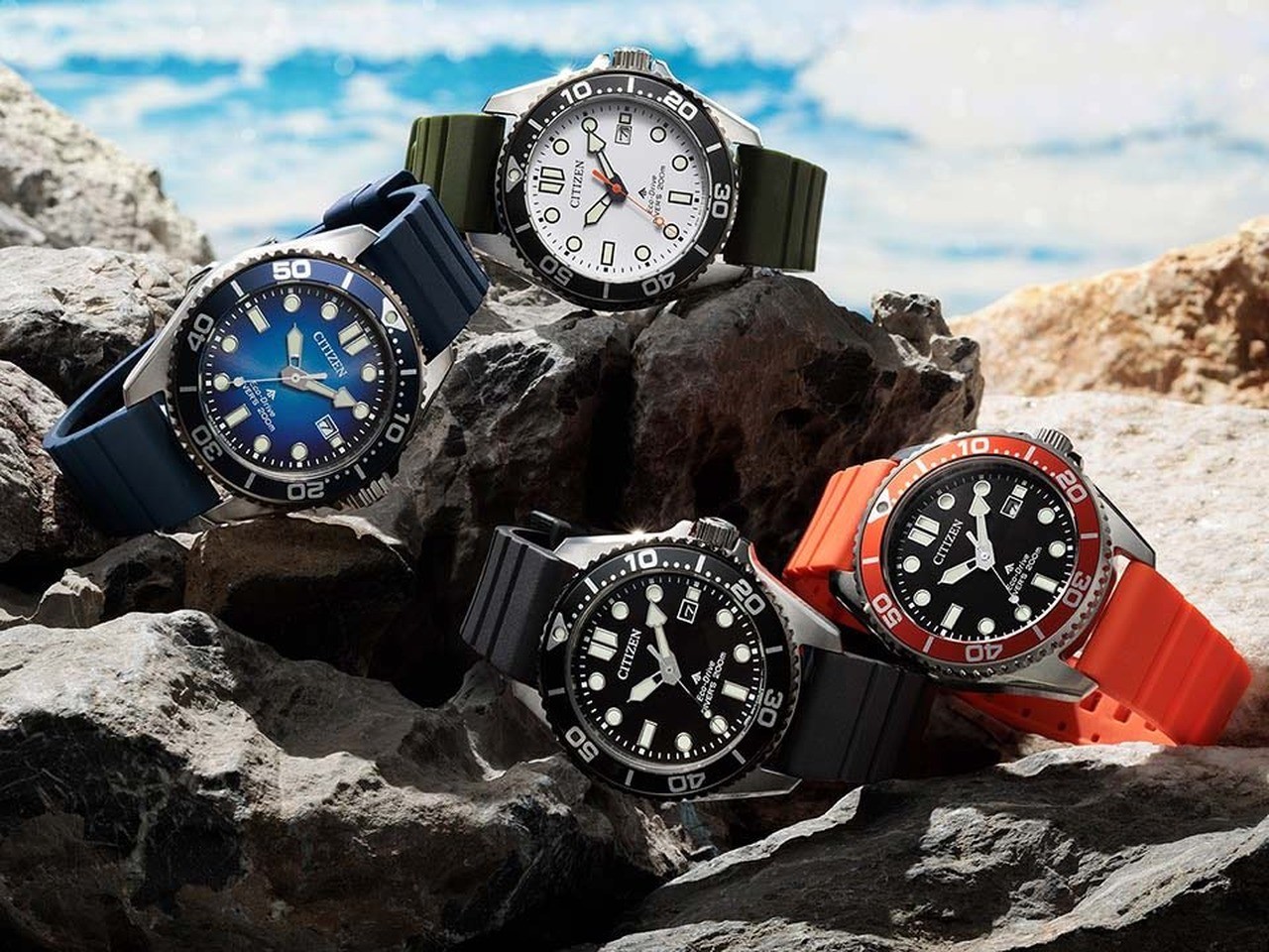 Citizen Promaster Marine BN0265, BN0266, BN0267, and BN0268 lineup with the new Eco-Drive Caliber E118