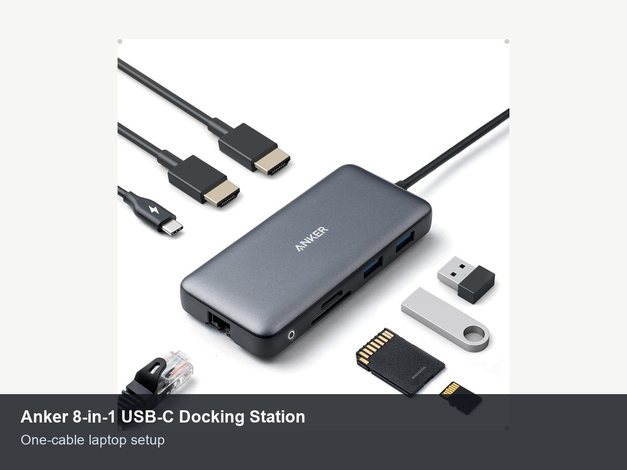 Anker USB-C docking station with HDMI, USB, Ethernet, and card reader ports