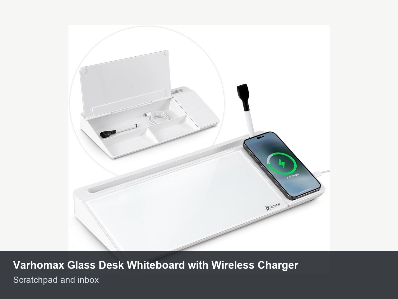 Varhomax glass desk whiteboard with storage base and wireless charging pad