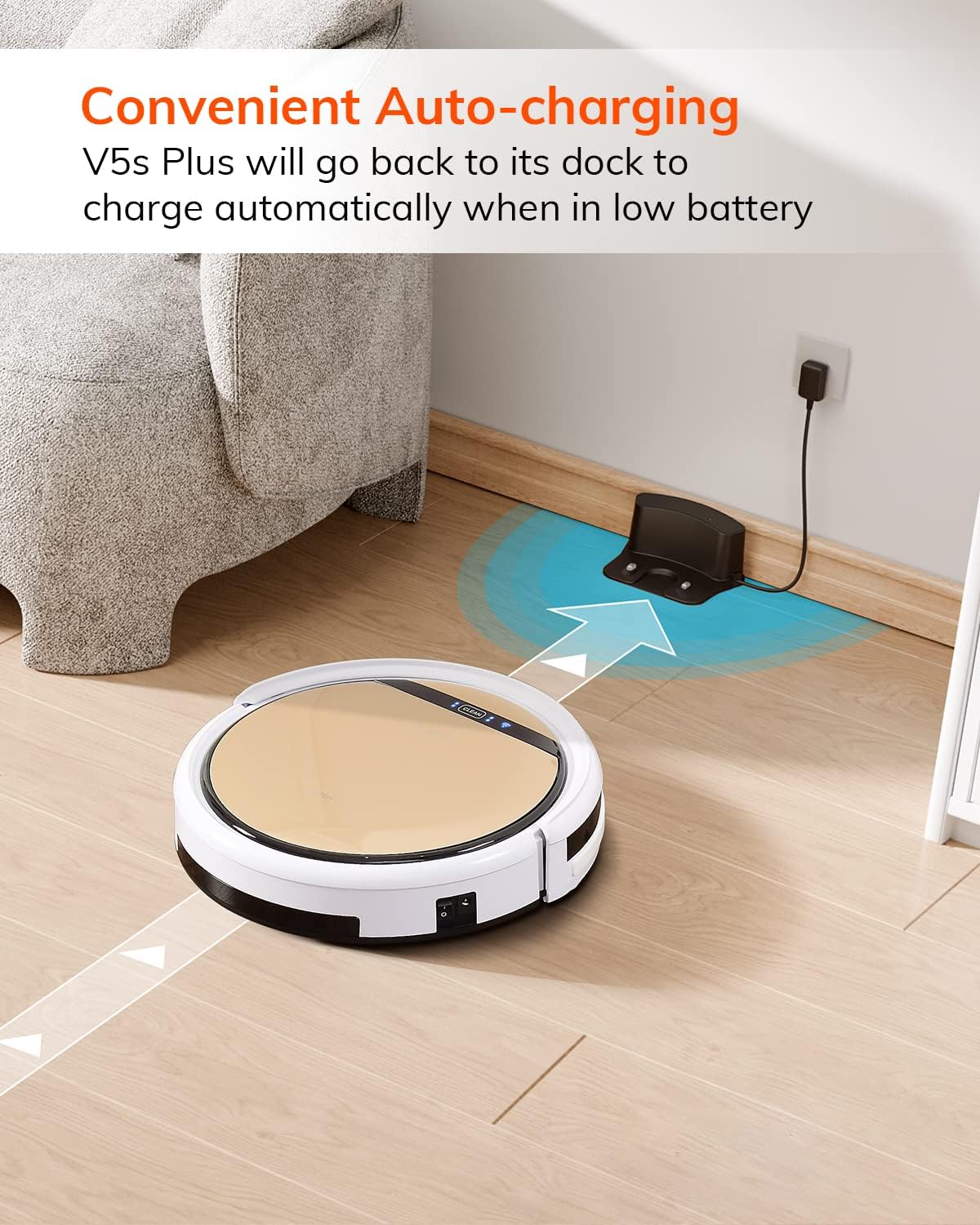 ILIFE V5s Plus robot vacuum cleaning on hard floor under furniture showing low clearance