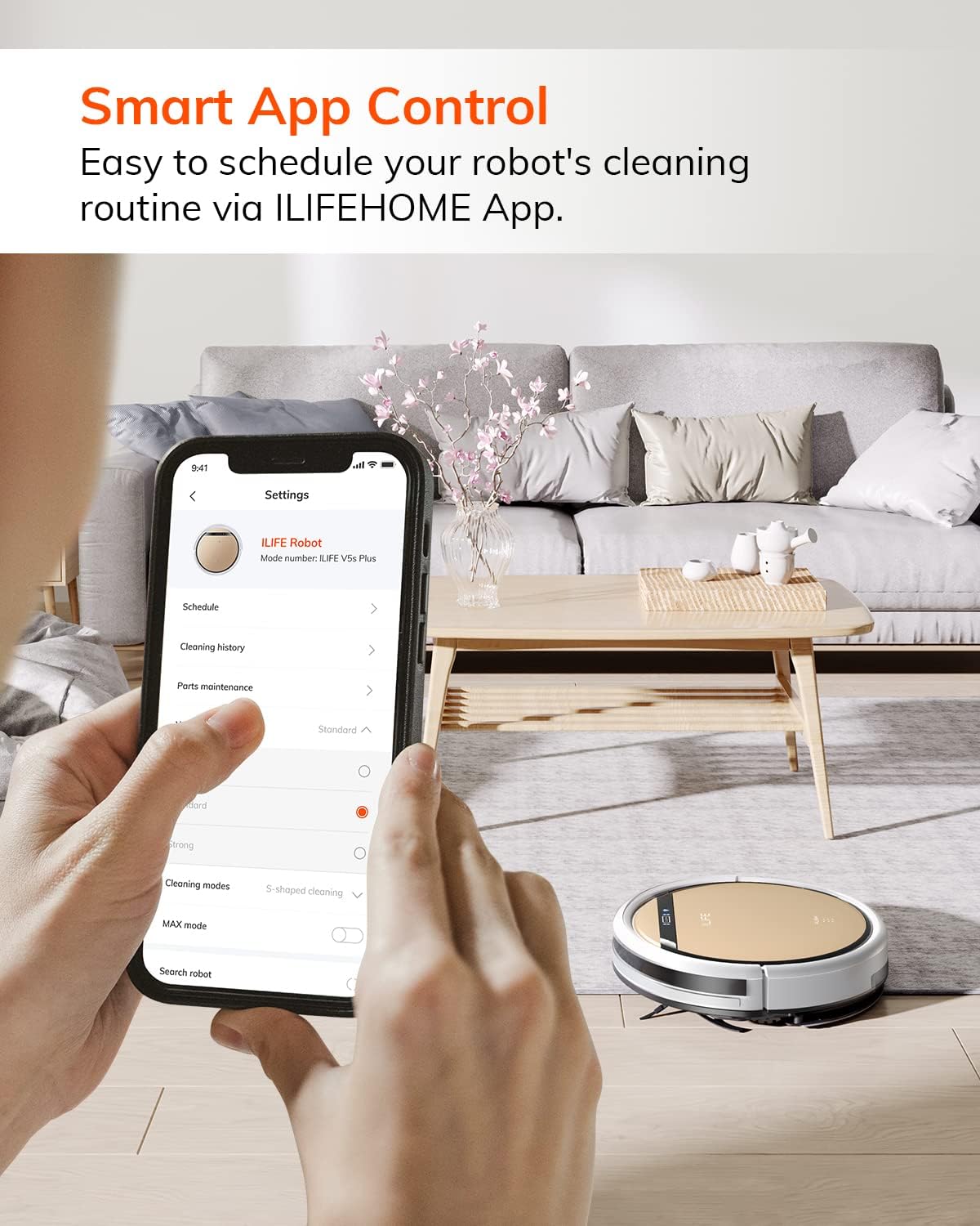 ILIFE V5s Plus robot vacuum with mopping pad attached ready for wet cleaning on tile floor