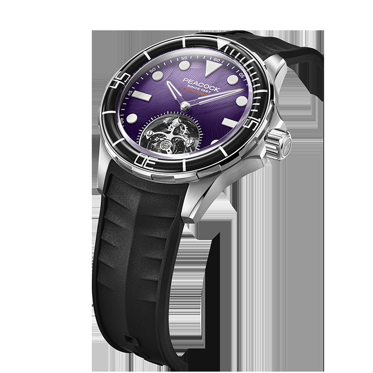 The Haiyi ships with rubber and 904L steel bracelet options. Image: Peacock Watches.