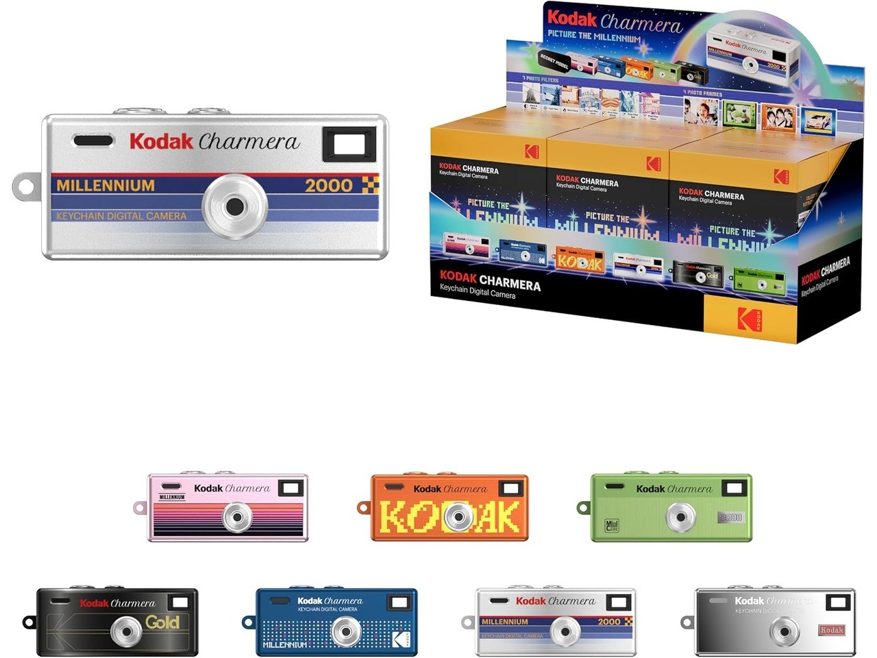 Kodak Charmera Millennium Edition mini camera clipped to a keychain