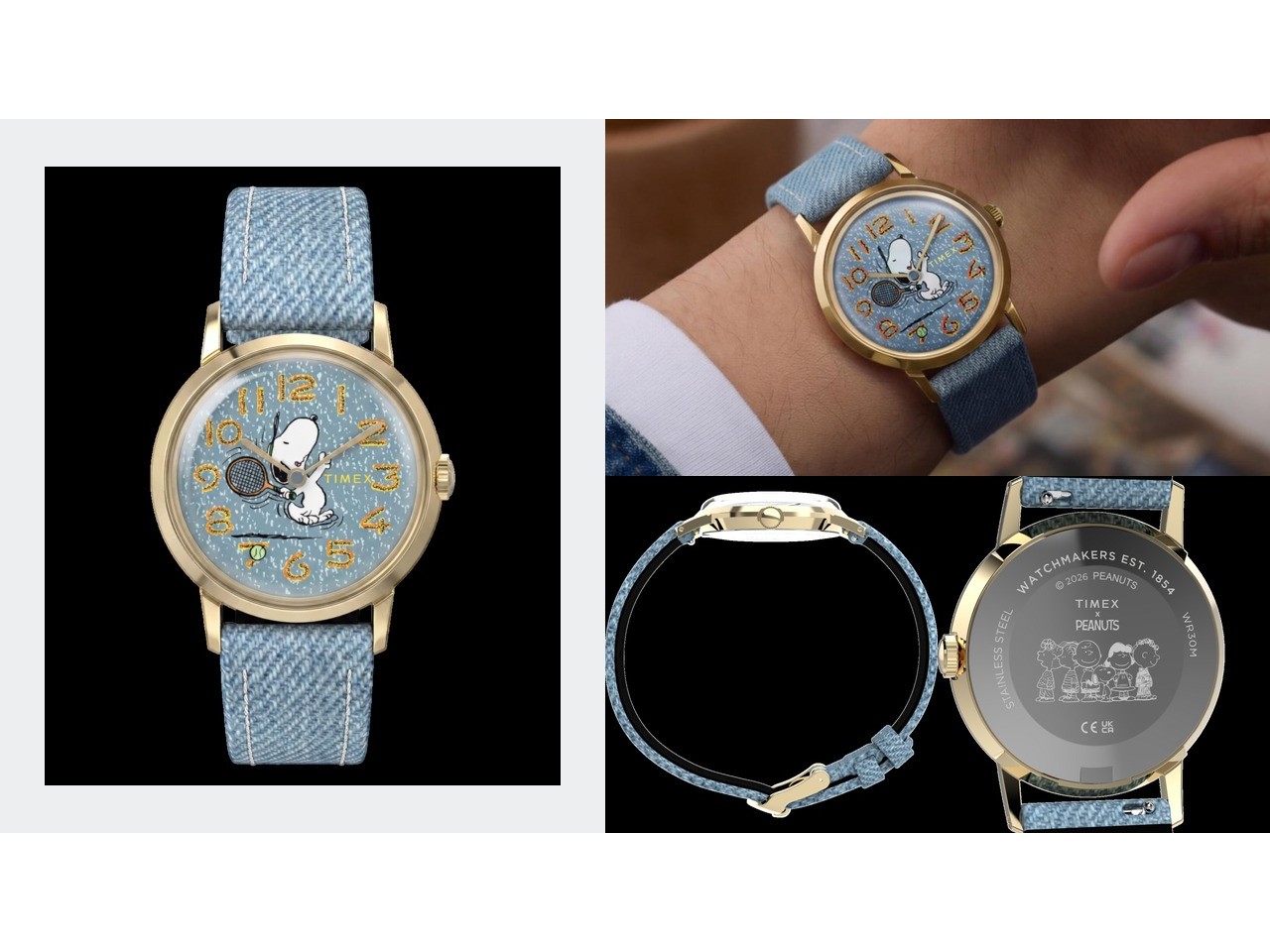 Timex x Peanuts Marlin Snoopy Tennis watch with denim strap, dial close-up, wrist shot, and caseback detail