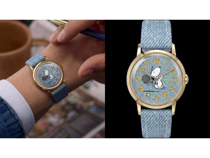 Timex Snoopy Tennis watch shown on wrist beside a clean product view
