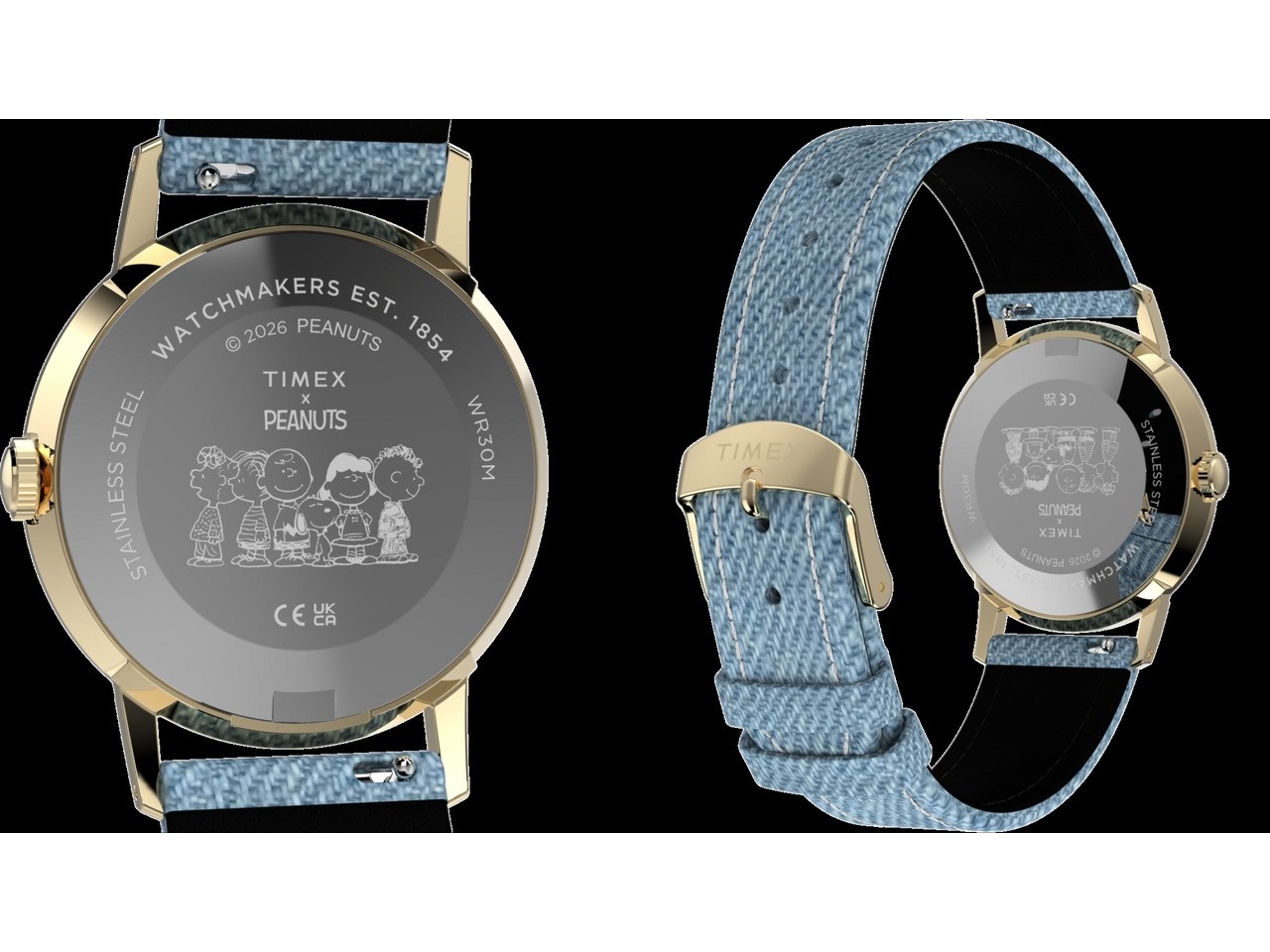 Timex Snoopy Tennis watch caseback and blue fabric strap details