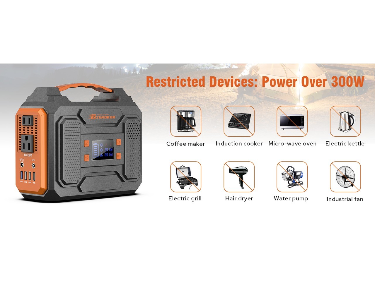 ZeroKor 300W portable power station power limits graphic