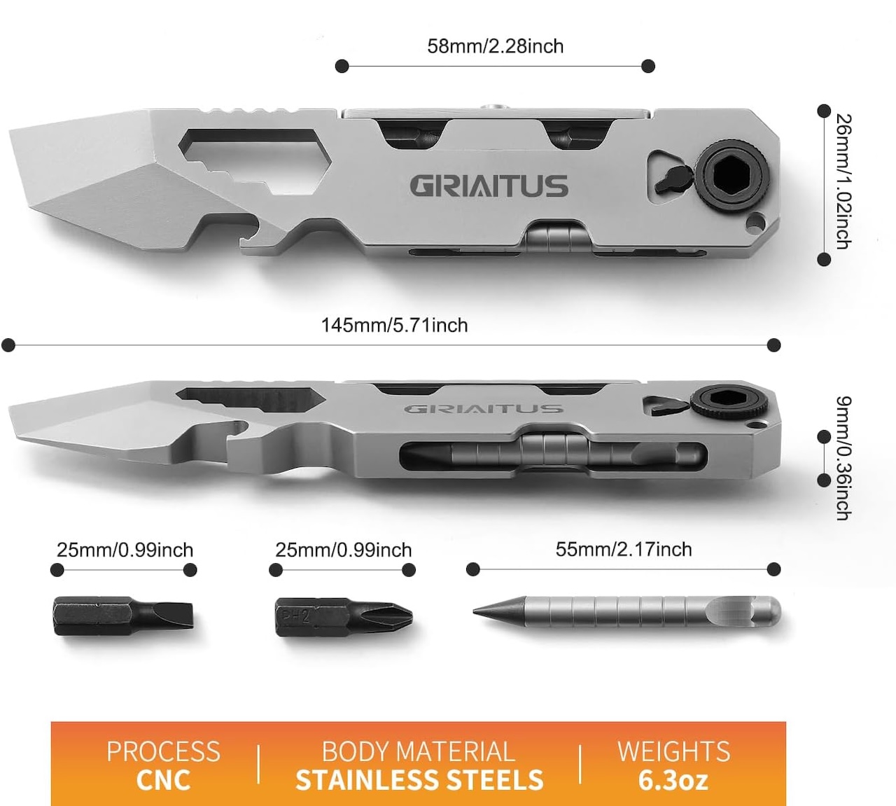 EDC Pry Bar Multitool with Bi-Directional Ratchet Screwdriver & Everlasting Pen C