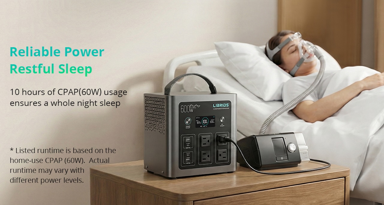 LIBRIDS C600 powering a CPAP machine for overnight use during power outages